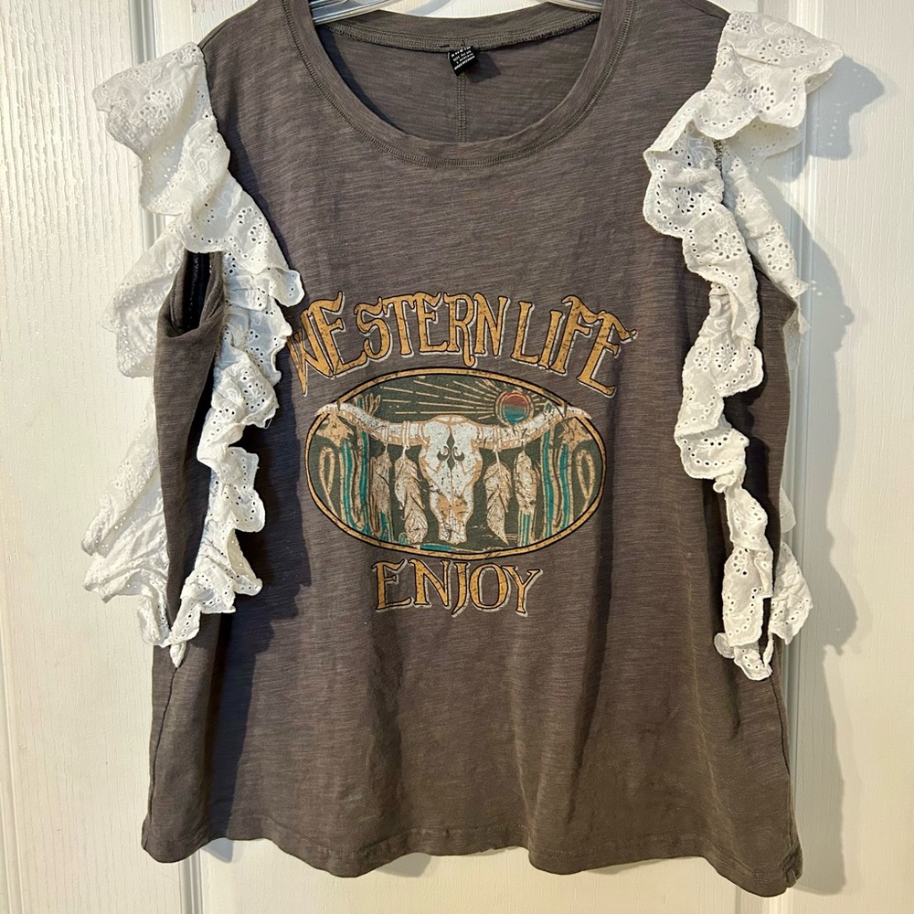 SHEIN Western Life Graphic Tee Ruffle Sleeve Boho Cowgirl Top L - Picture 2 of 4